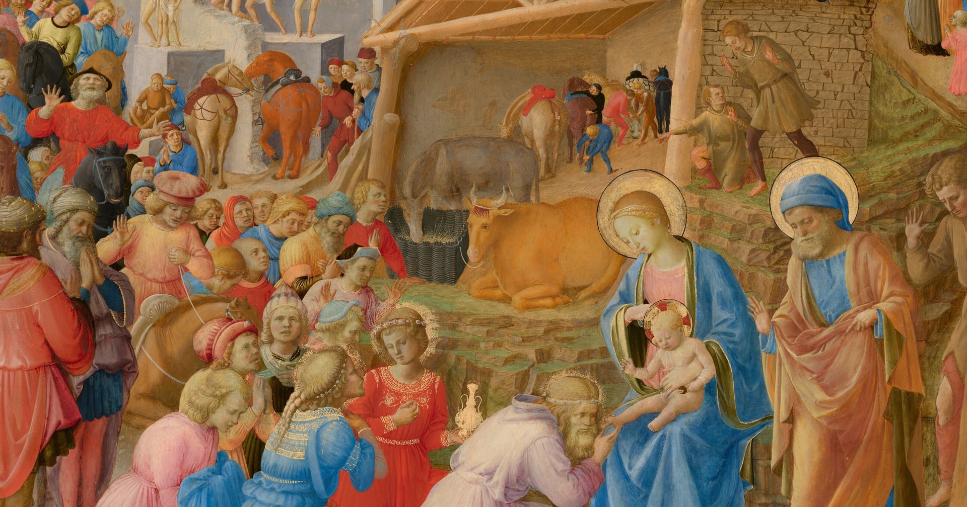 A circular painted panel: a long procession of kings and attendants with horses and camels winds toward the Virgin and Child, who are adored by kneeling magi before a stable.