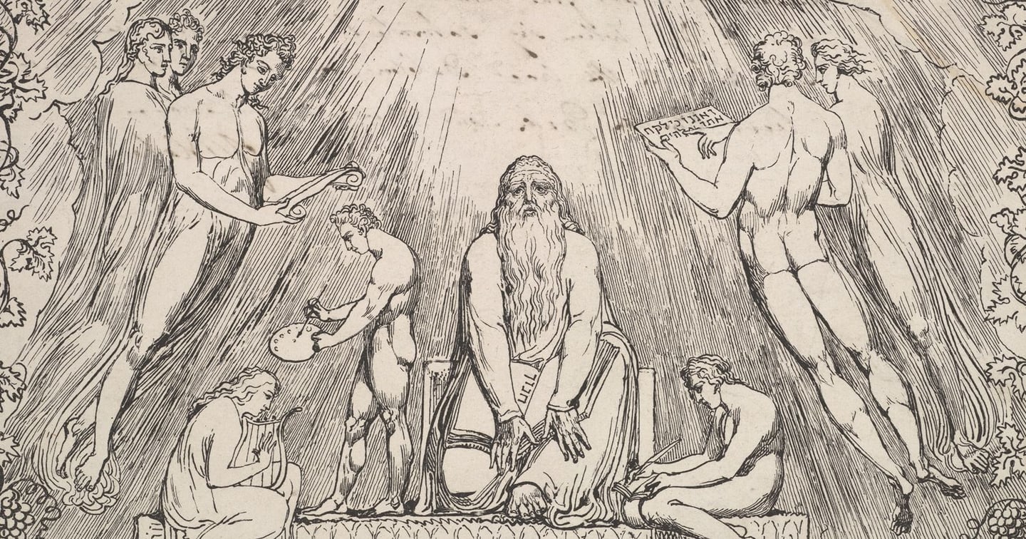 William Blake's pen-and-ink drawing: a bearded patriarch sits on a low dais, flanked by standing and seated figures holding a lyre, a painter's palette and inscribed scrolls.