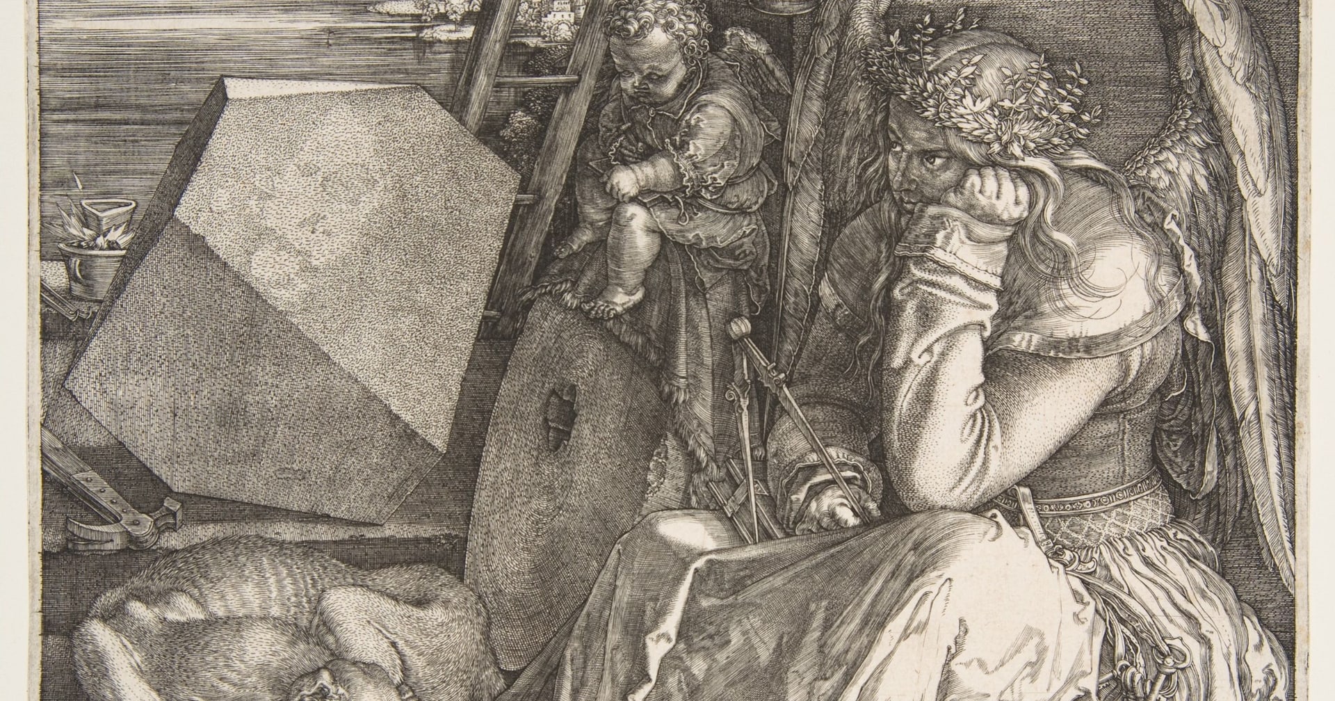 Albrecht Dürer's engraving Melencolia I: a winged figure sits deep in thought, chin on fist, holding a compass, amid a large truncated polyhedron, a sphere, scales, an hourglass and scattered tools.