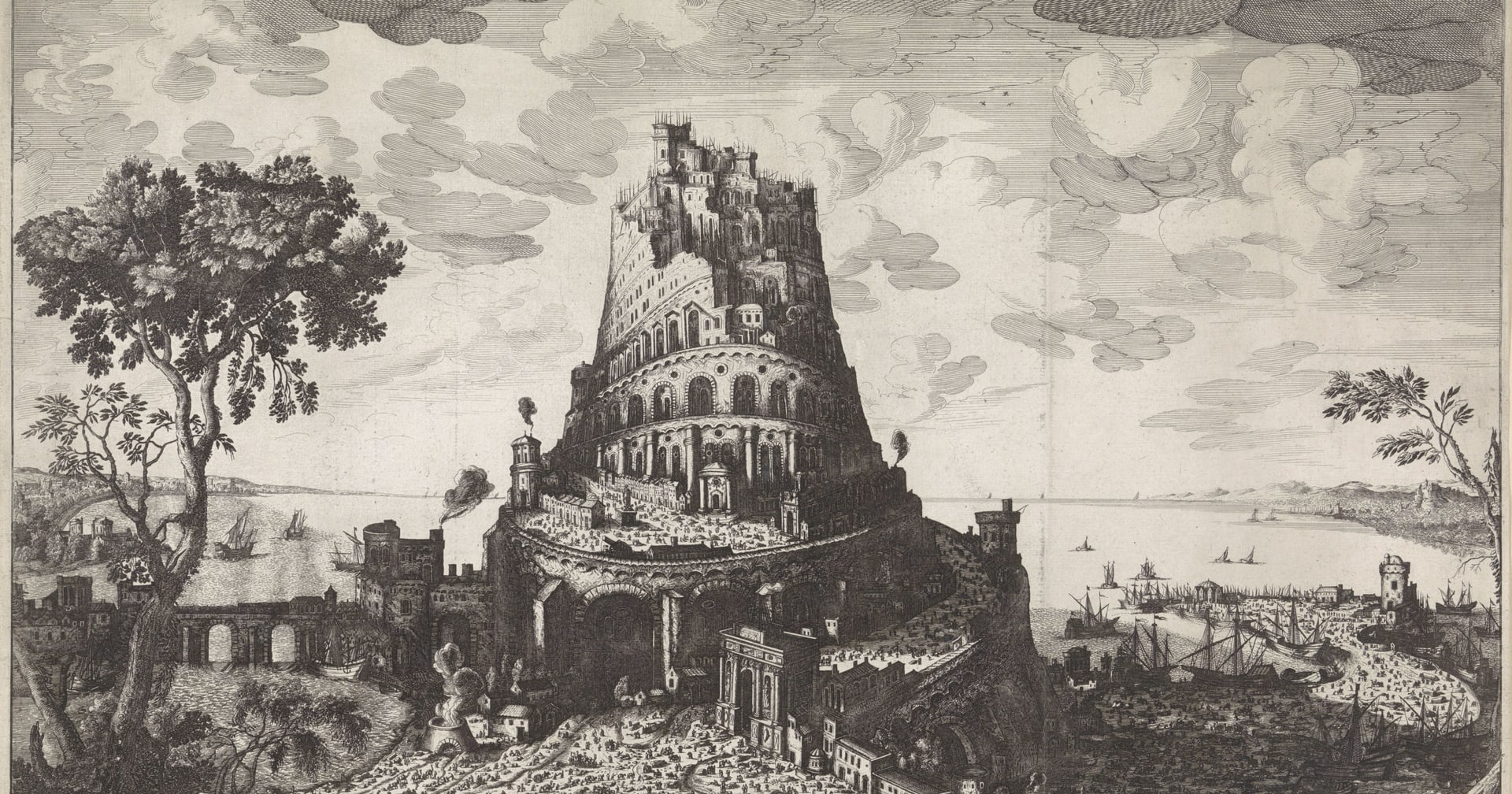 An engraving of a vast spiralling tower rising into clouds above a busy harbour, with labourers, ships and a walled city spread across the plain below.
