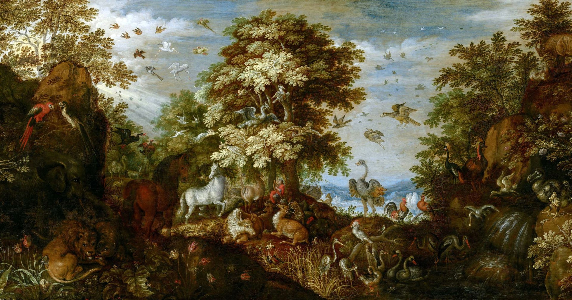 Roelant Savery's painting: a wooded landscape crowded with animals and birds, among them lions, a white horse, deer, an ostrich, swans and a dodo, gathered peacefully around the small red-clad figure of Orpheus playing under a tree.